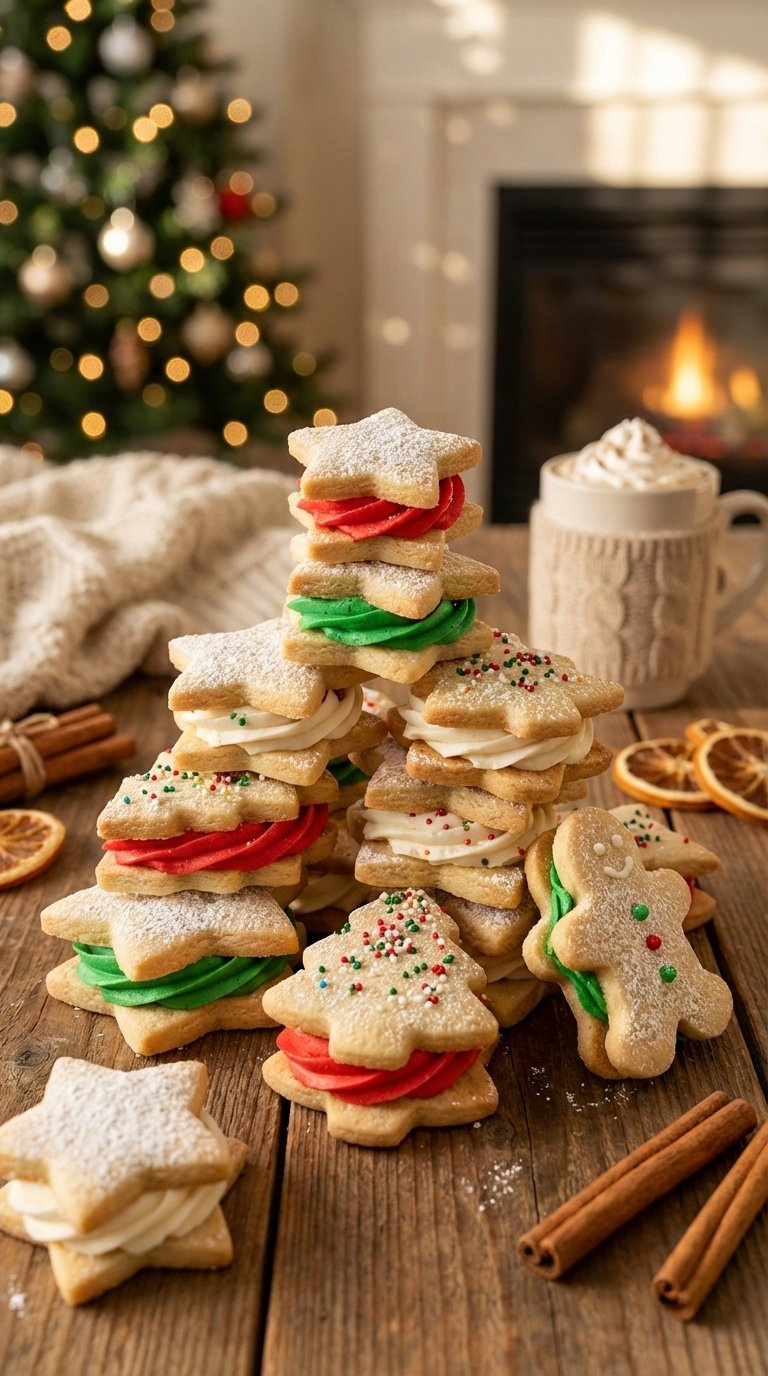 Festive Mini Sugar Cookie Sandwiches With Buttercream Filling On Rustic Wooden Table
