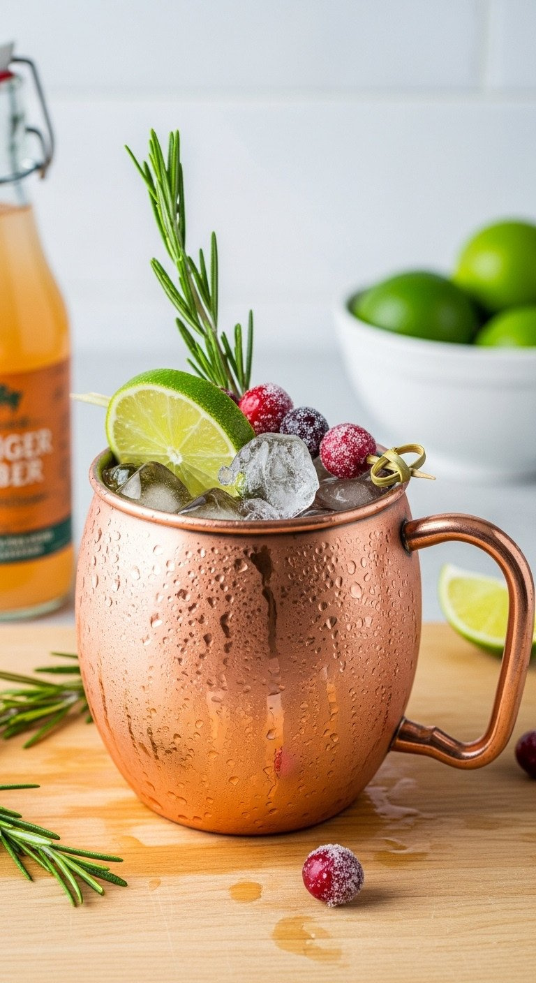 Festive Non-Alcoholic Mule In A Frosted Copper Mug With Ice, Lime, Sugared Rosemary, And Cranberries On A Light Wood Surface.