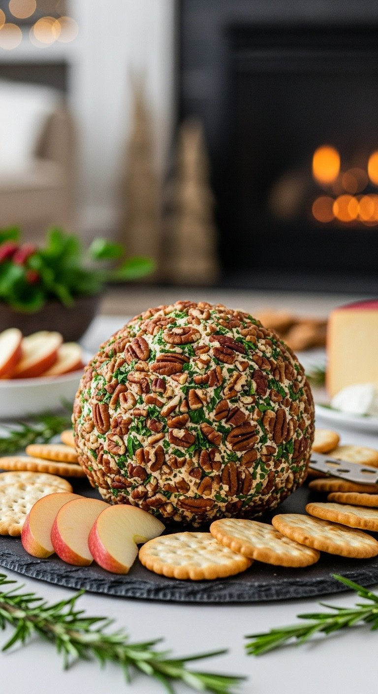Festive Nut-Encrusted Cheese Ball With Pecans, Parsley, Bacon On Slate, With Crackers &Amp; Apples. Holiday Appetizer.