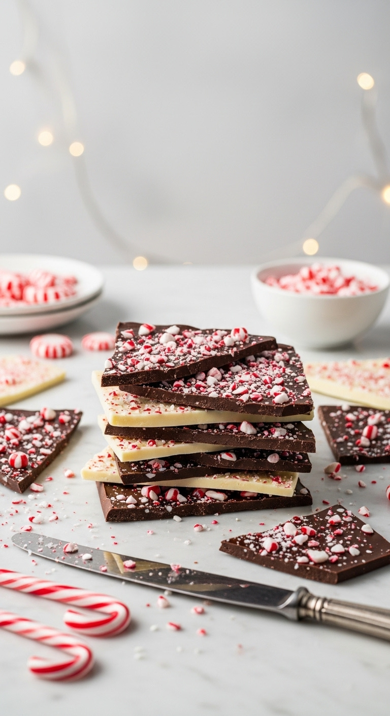 Festive Peppermint Bark Shards With Crushed Candy Canes On A Marble Countertop