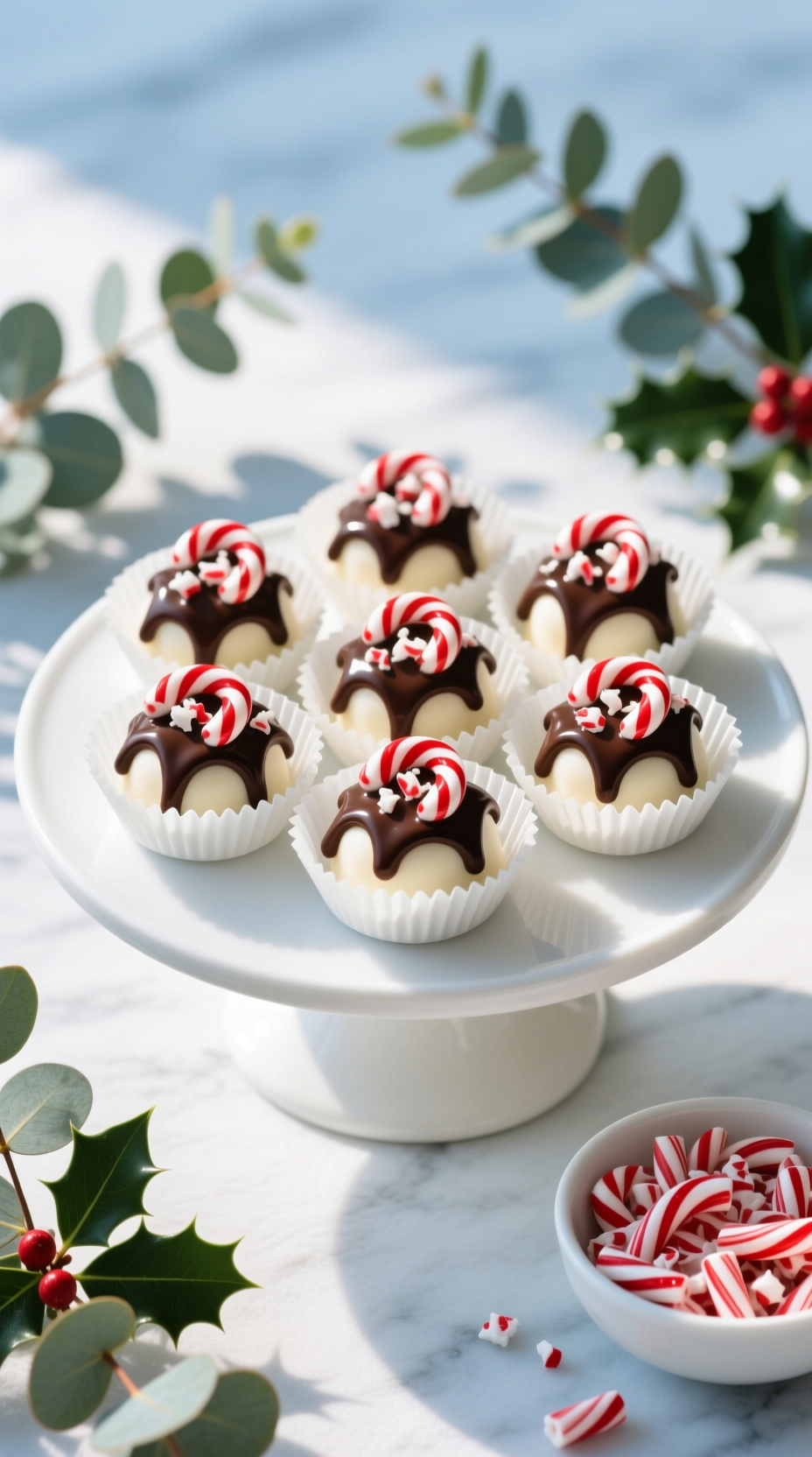 Festive Peppermint Cream Cheese Bites With Crushed Candy Canes, Chocolate Drizzle, On A White Cake Stand.