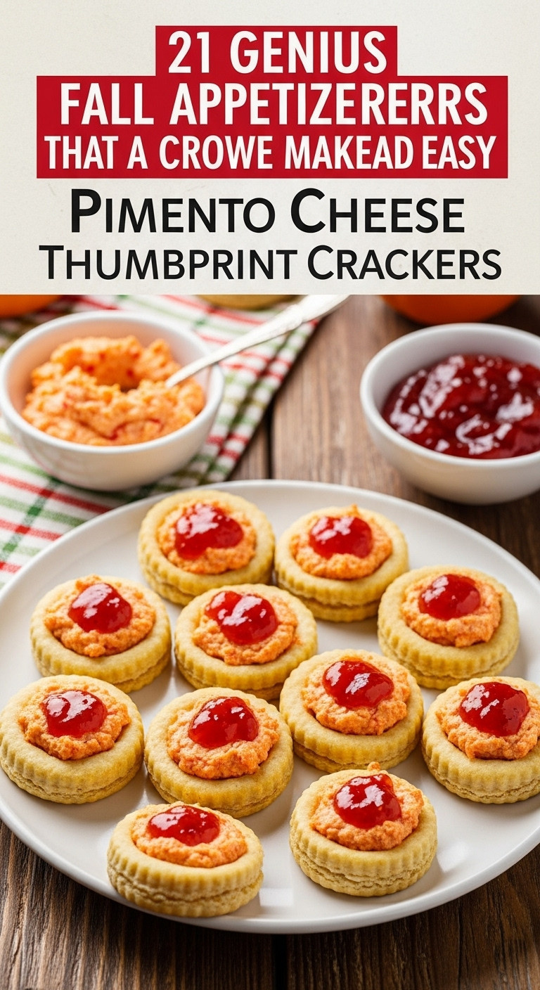 Festive Platter Of Golden Baked Pimento Cheese Thumbprint Crackers Topped With Red Pepper Jelly