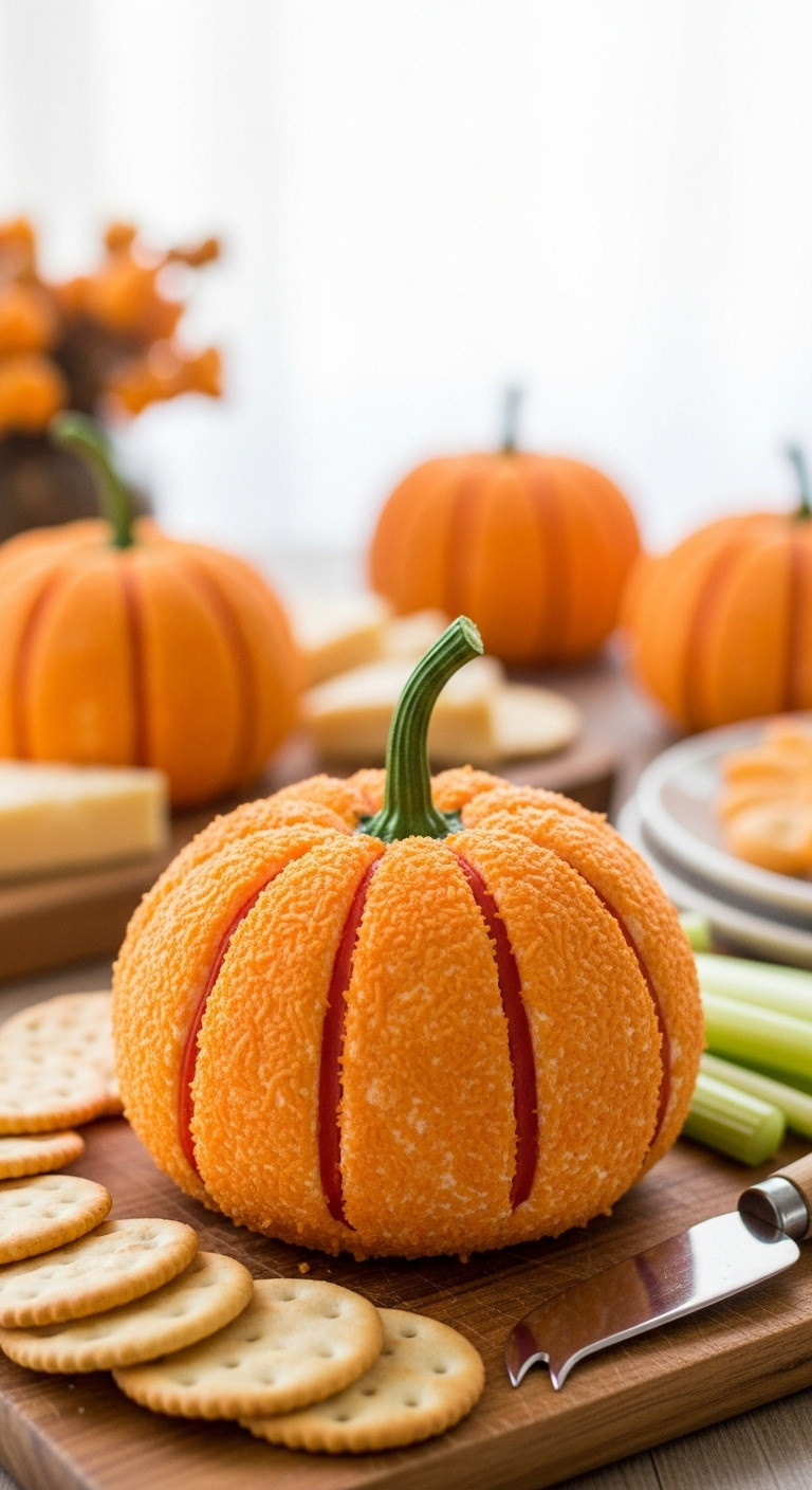 Festive Pumpkin Cheese Ball With Bell Pepper Stem, Crackers, And Celery On A Rustic Cheese Board For A Party.