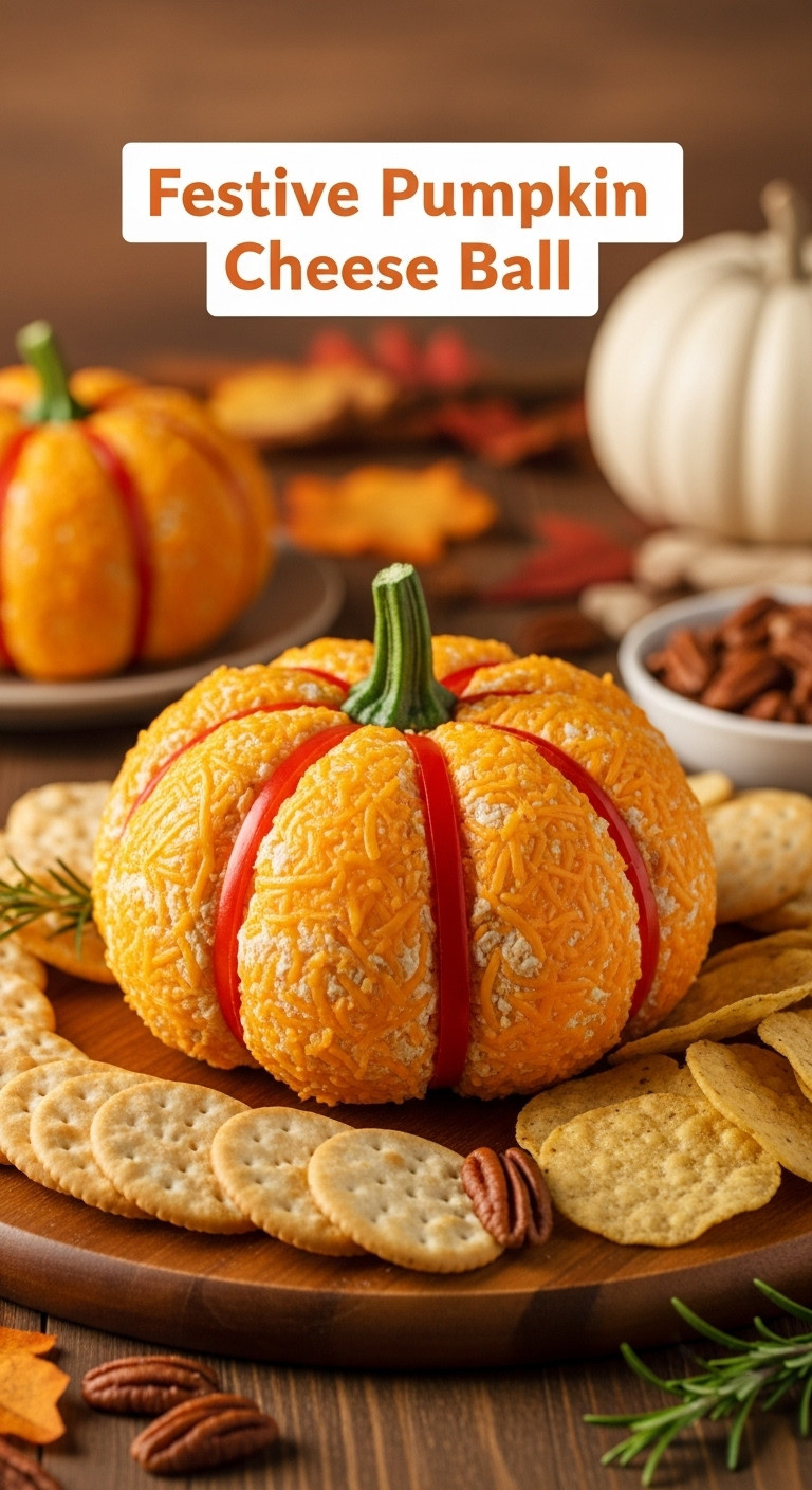 Festive Pumpkin Cheese Ball With Shredded Cheddar And A Bell Pepper Stem On A Wooden Board With Crackers