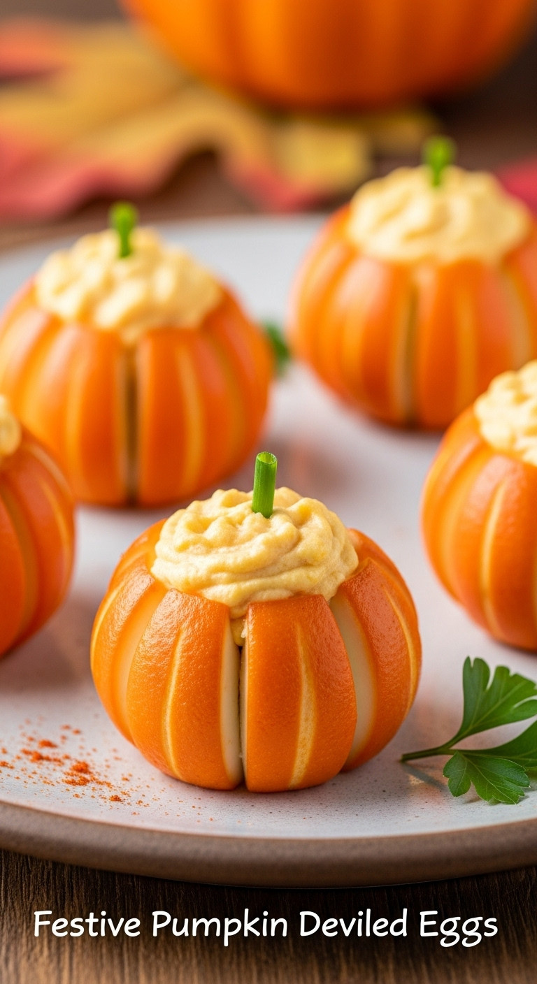 Festive Pumpkin Deviled Eggs With Vibrant Orange Yolk Chive Stem And Paprika On A Rustic Ceramic Plate