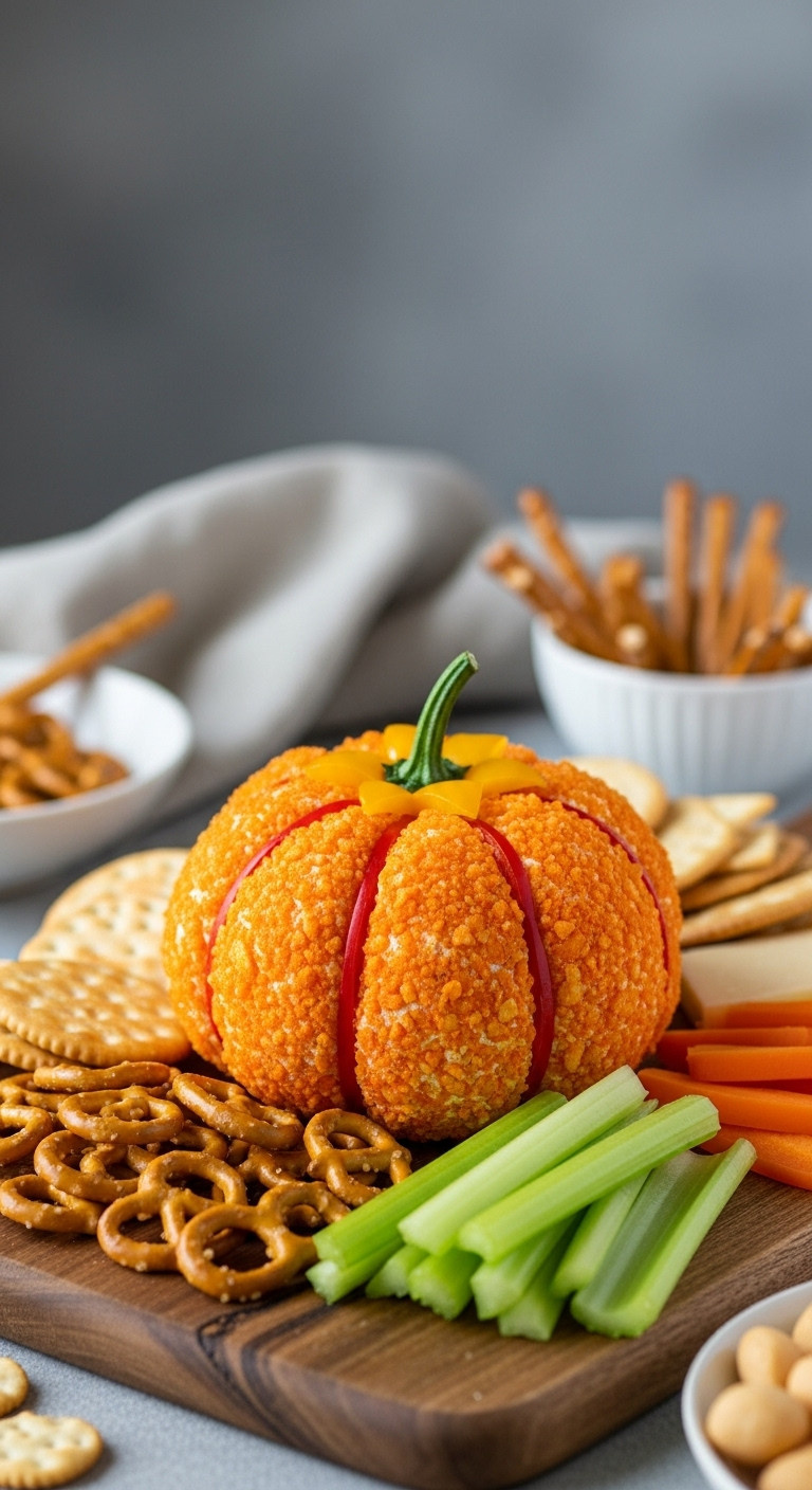 Festive Pumpkin Shaped Cheese Ball Coated In Crushed Nacho Chips With A Bell Pepper Stem On A Wooden Cheese Board