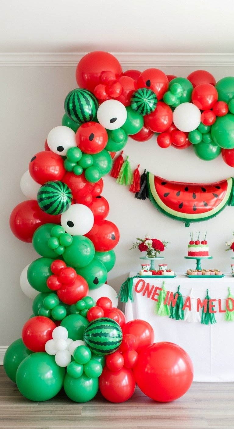 Festive Red And Green Watermelon Balloon Garland Arch Against A Light Wall.