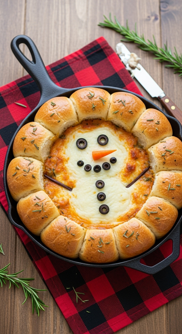 Festive Skillet Dip Snowman With Olive Eyes And Carrot Nose Surrounded By Pull-Apart Bread Rolls On A Buffalo Check Placemat