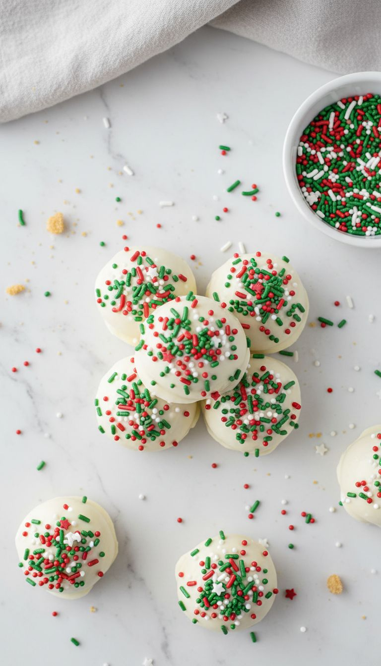Festive Sugar Cookie Truffles In White Chocolate With Red And Green Sprinkles. Holiday Dessert On White Marble, With Extra Sprinkles.