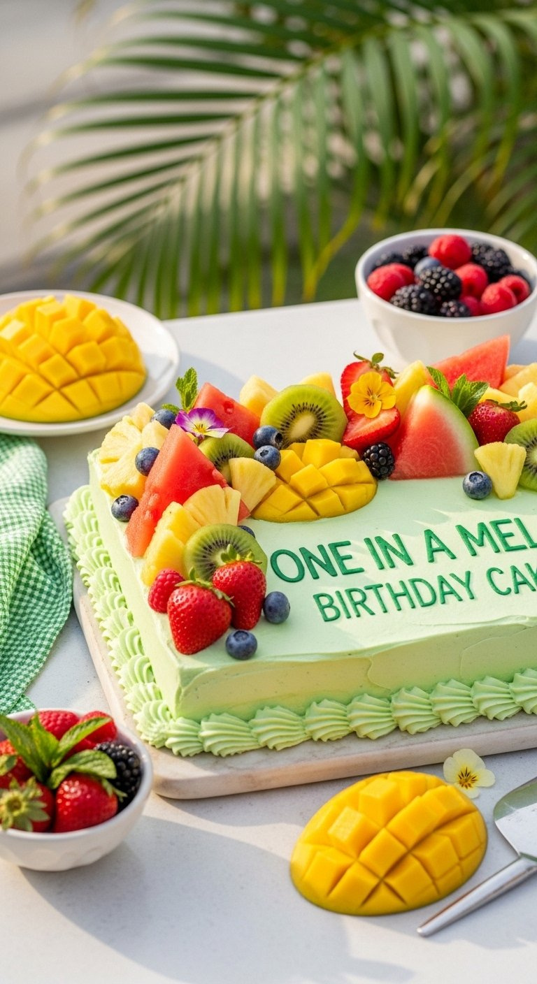 Festive Tropical Fruit Sheet Cake Topped With Fresh Pineapple, Kiwi, And Strawberries On A Board.