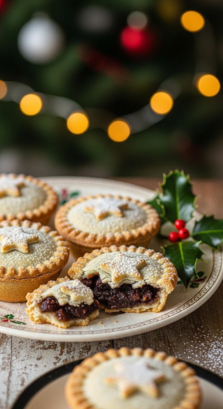 Festive Vegan Mince Pies With Star-Shaped Pastry Tops And Powdered Sugar On A Vintage Plate, With A Sprig Of Holly.