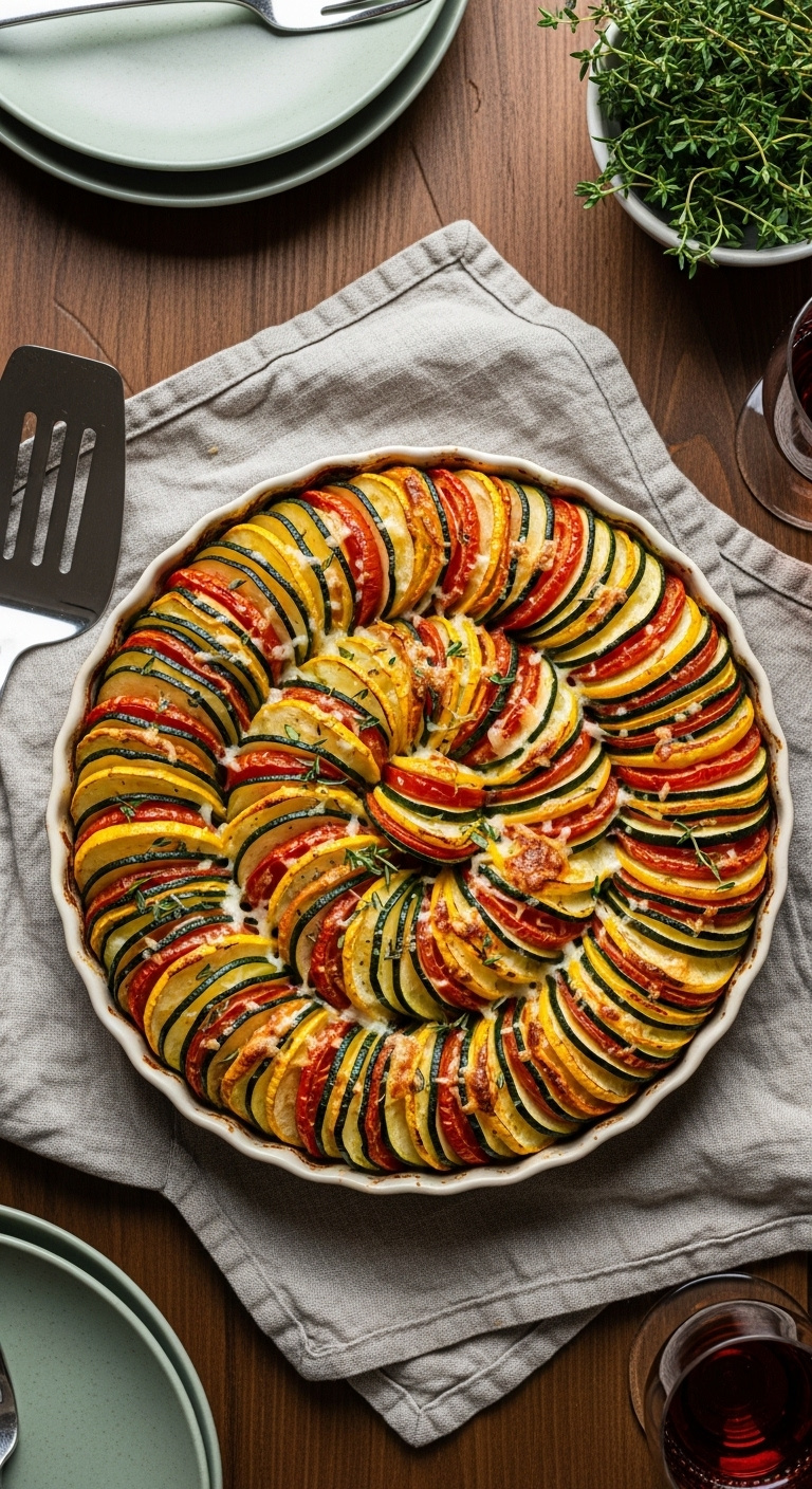 Festive Vegetable Tian With Zucchini Squash Potatoes And Tomatoes In A Gratin Dish With Thyme And Wine