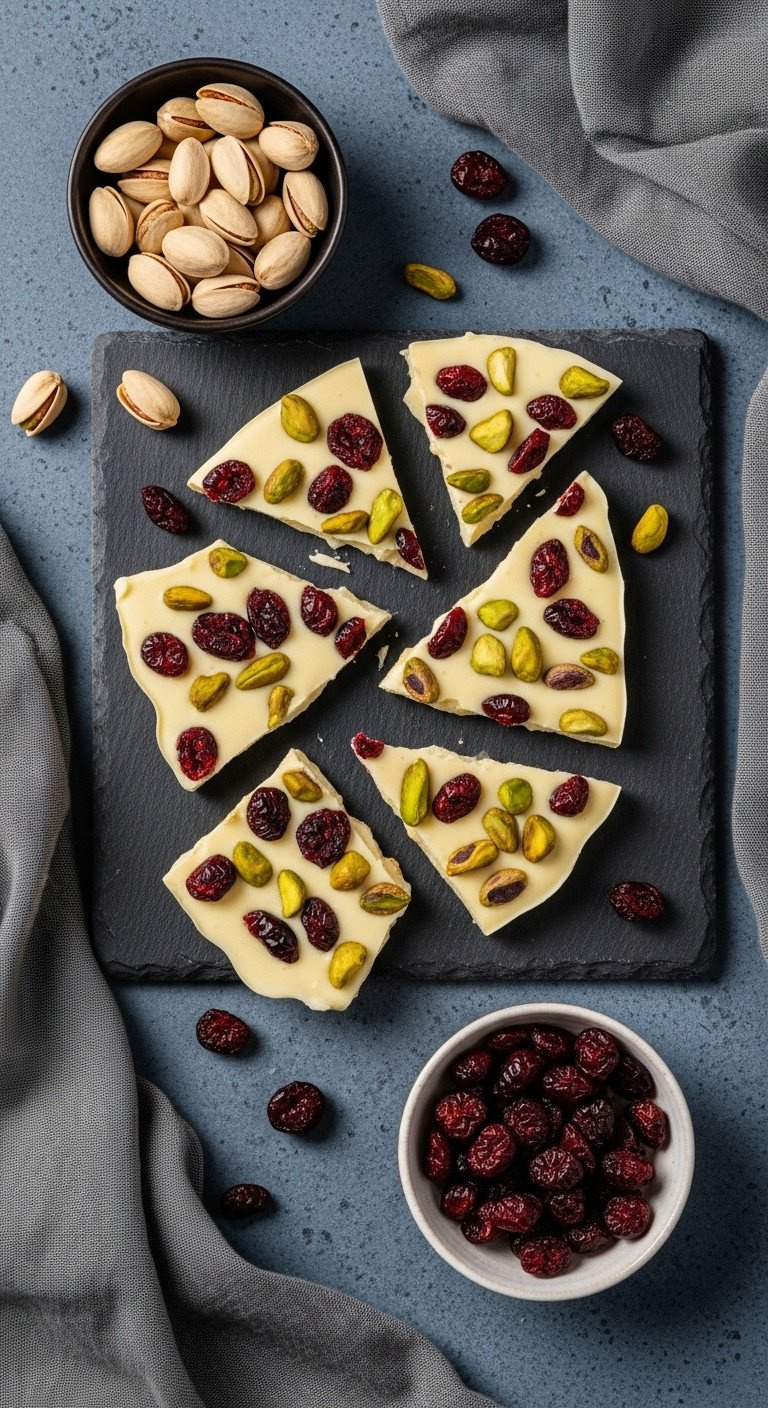 Festive White Chocolate Bark With Red Dried Cranberries And Green Pistachios, Broken Into Pieces On A Dark Slate Surface.