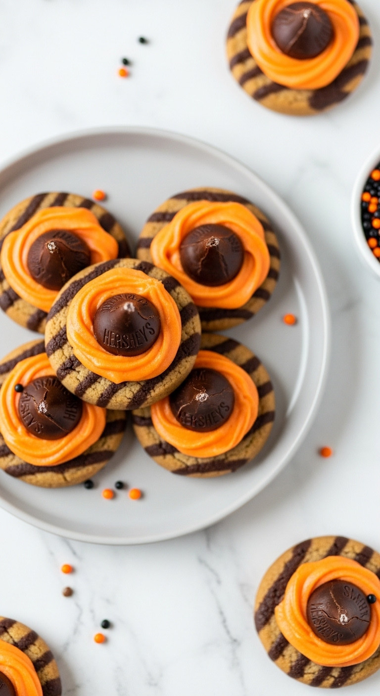 Festive Witch Hat Cookies With Fudge-Striped Bases, Orange Frosting, And Hershey's Kiss Tops On A Gray Plate For Halloween.