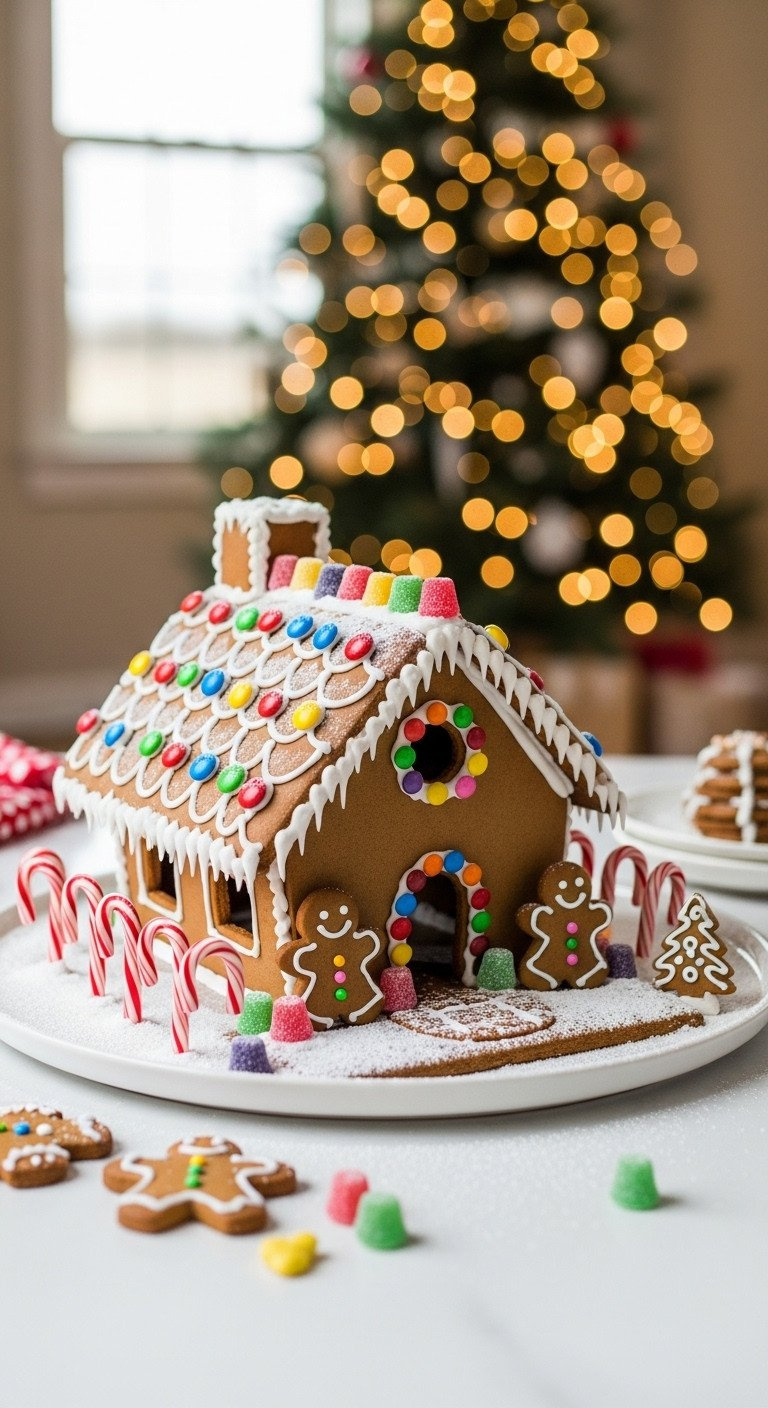 Festively Decorated Gingerbread House With Royal Icing Details And Colorful Candy, Set On A Snowy Platter For Christmas.