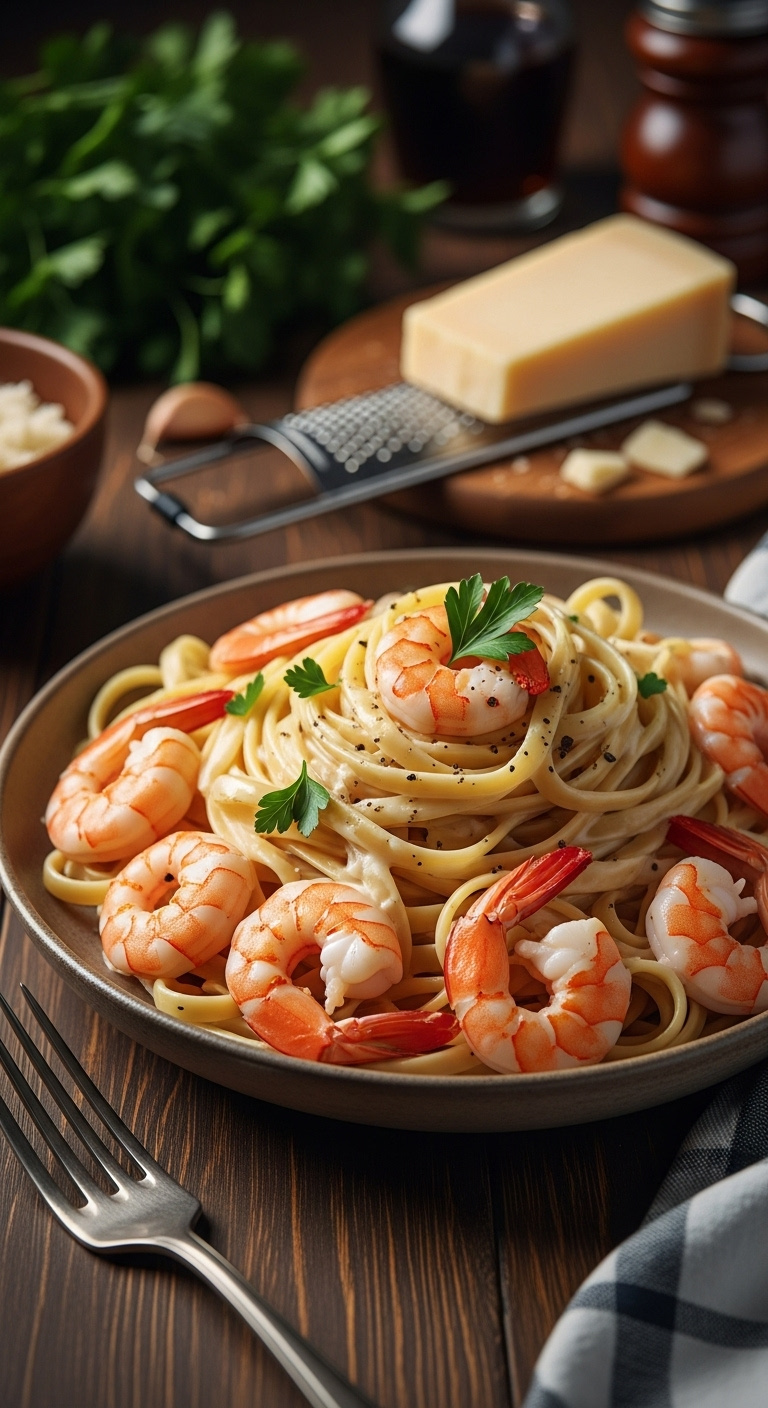 Fettuccine Noodles With Pink Shrimp In Creamy Alfredo Sauce, Garnished With Parsley And Black Pepper, With Fork And Parmesan