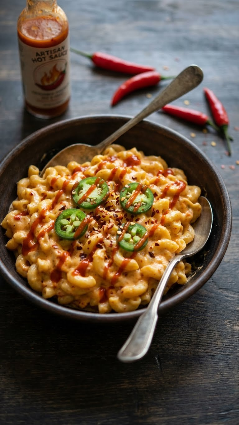 Fiery Instant Pot Mac And Cheese With Sliced Jalapeños, Sriracha, And Red Pepper Flakes In A Dark Ceramic Bowl.