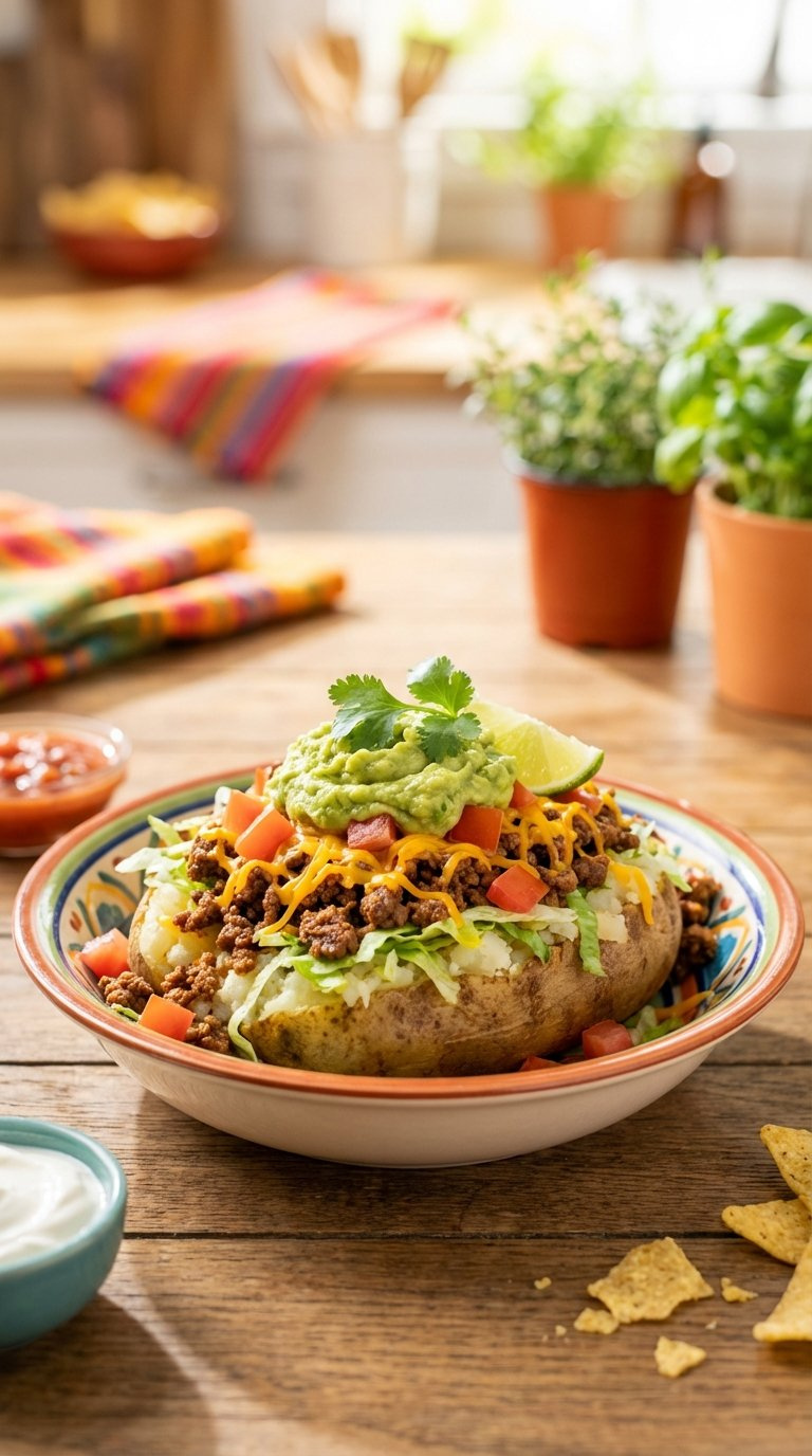 Fiesta-Ready Taco Meat Baked Potato With Seasoned Ground Beef, Lettuce, Tomatoes, Cheese, And Guacamole In Patterned Bowl.