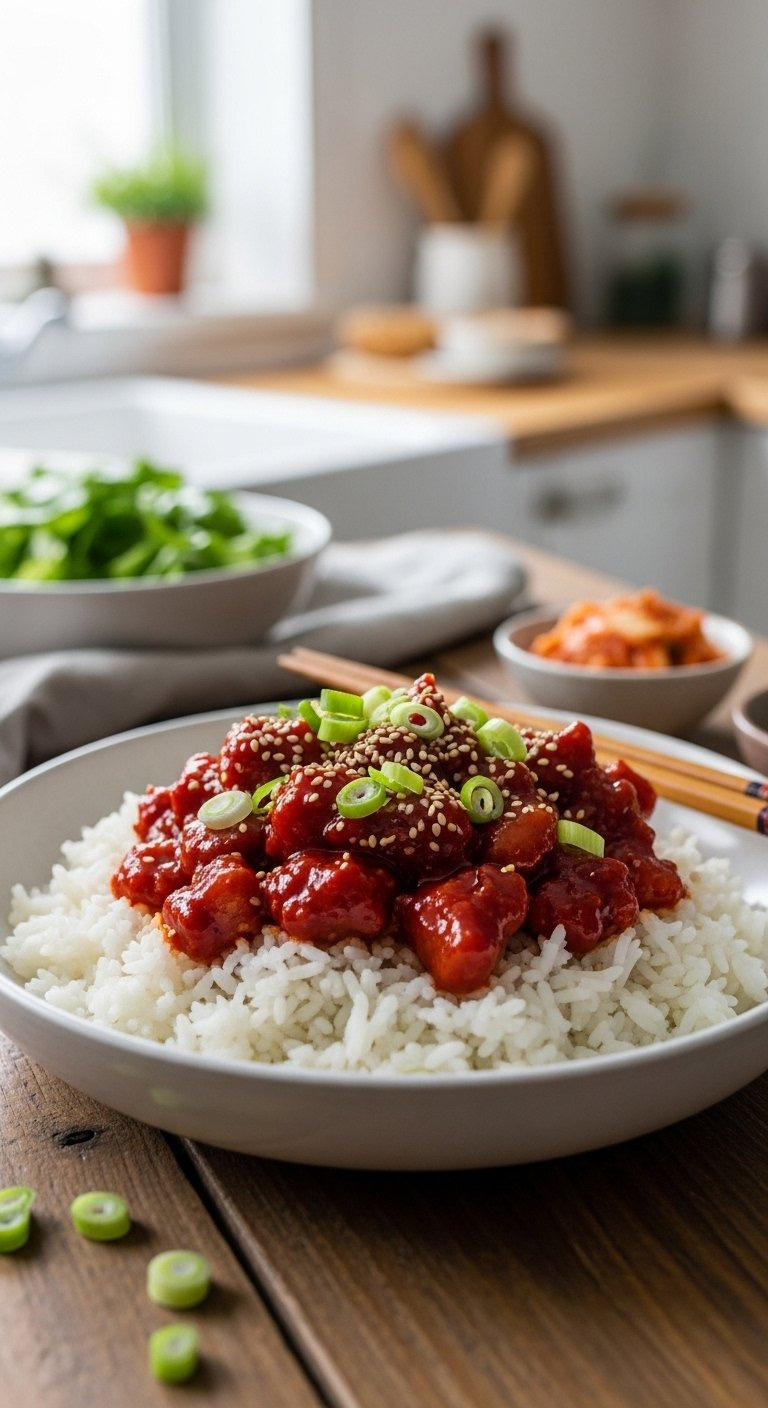 Final Plate Of Gochujang Chicken Served Over Fluffy White Rice And Garnished With Green Onions.