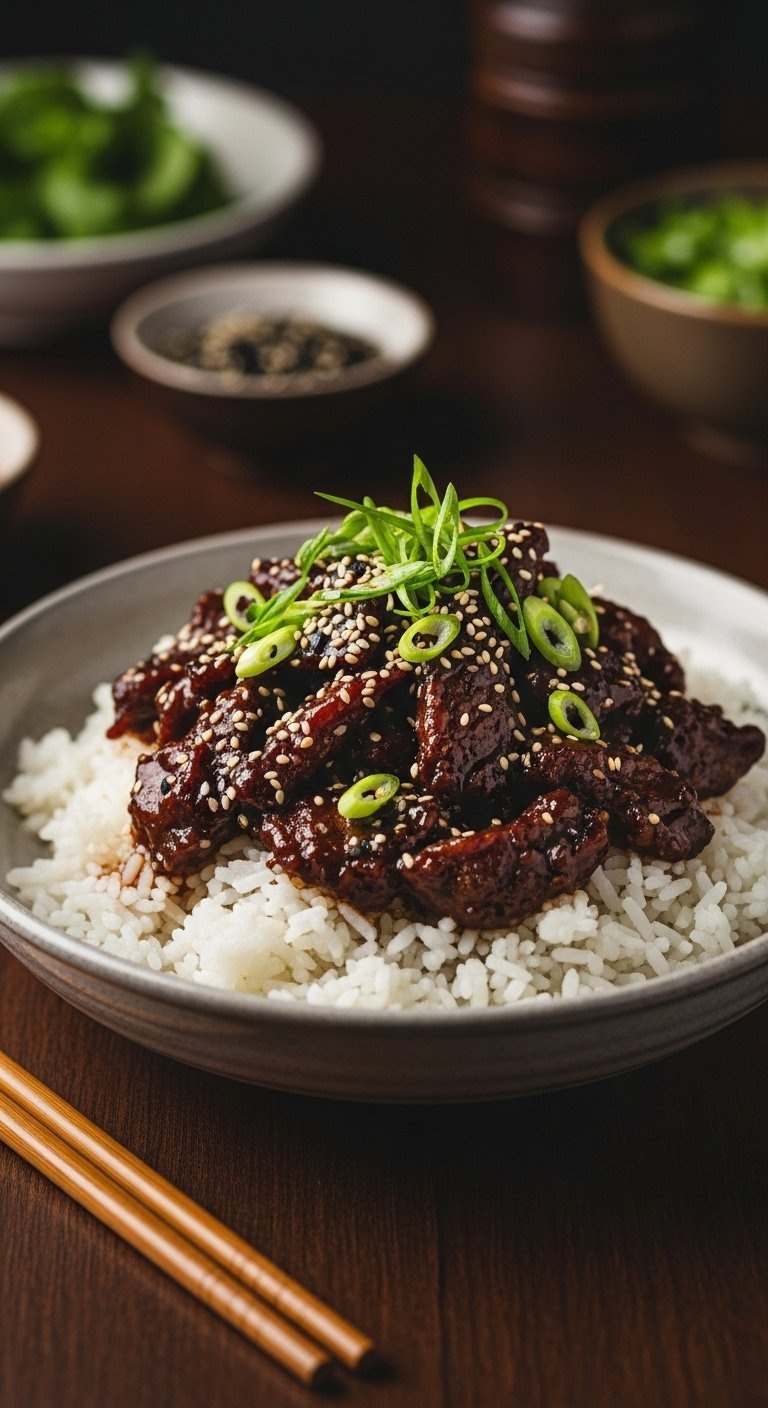 Final Plated Mongolian Beef Served Over Fluffy White Rice And Garnished With Green Onions.
