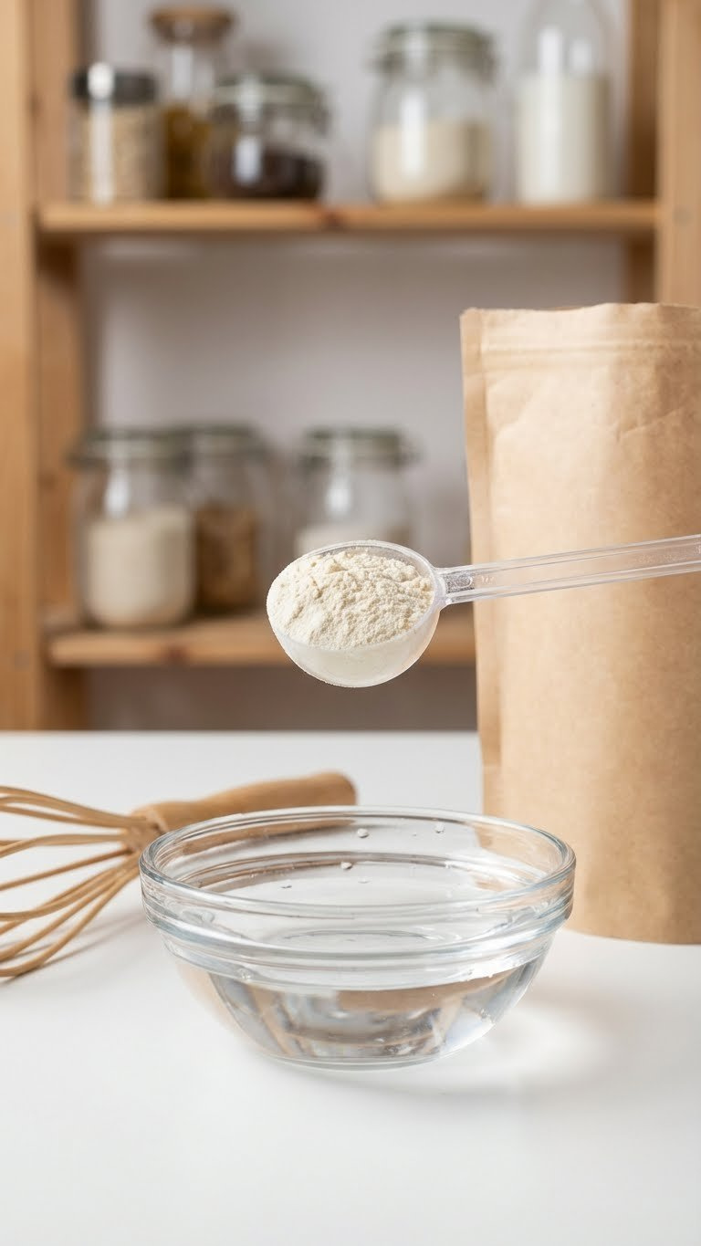 Fine Egg Replacer Powder Scooped Into A Measuring Spoon Over Water, Ready For Plant-Based Baking On A White Table.