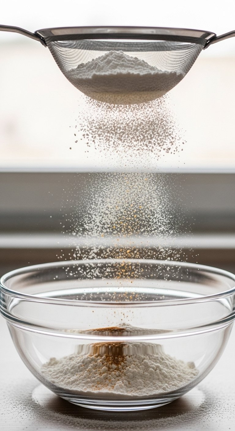 Fine Stream Of Flour And Cornstarch Sifting Into A Glass Bowl On A Light Wooden Surface.