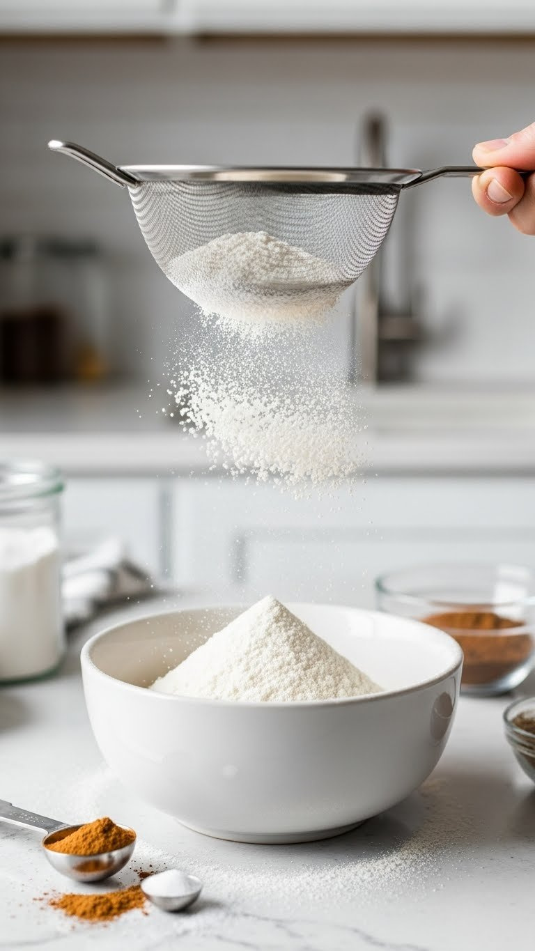 Fine Stream Of White Flour And Cinnamon Falling From Stainless Steel Sifter Into Ceramic Bowl