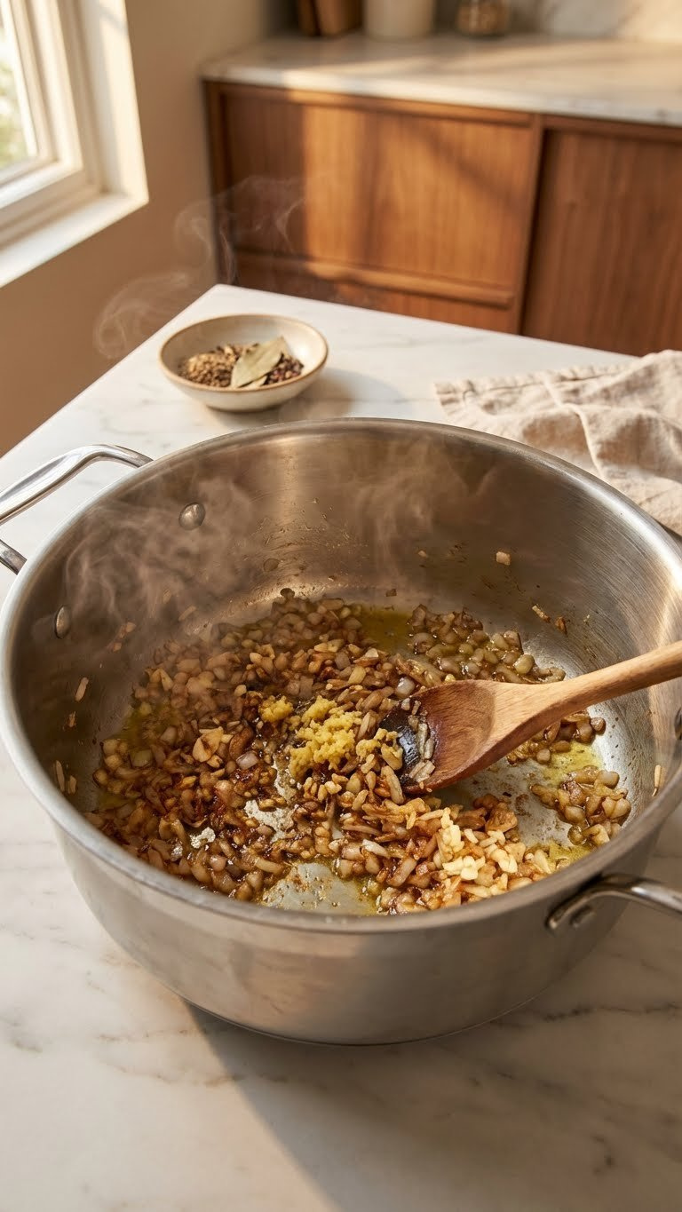 Finely Chopped Onions, Ginger, And Garlic Sizzling In Ghee In An Instant Pot On 'Sauté' Setting, Emitting Steam On A Marble Counter.
