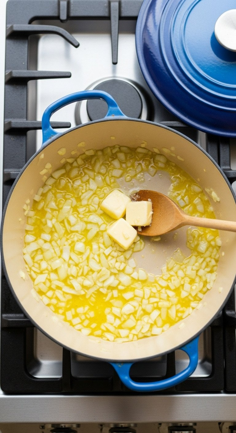 Finely Chopped Yellow Onion And Garlic Sautéing In Melted Butter In A Blue Dutch Oven, Wooden Spoon On Edge. Translucent, Fragrant Cooking Step.
