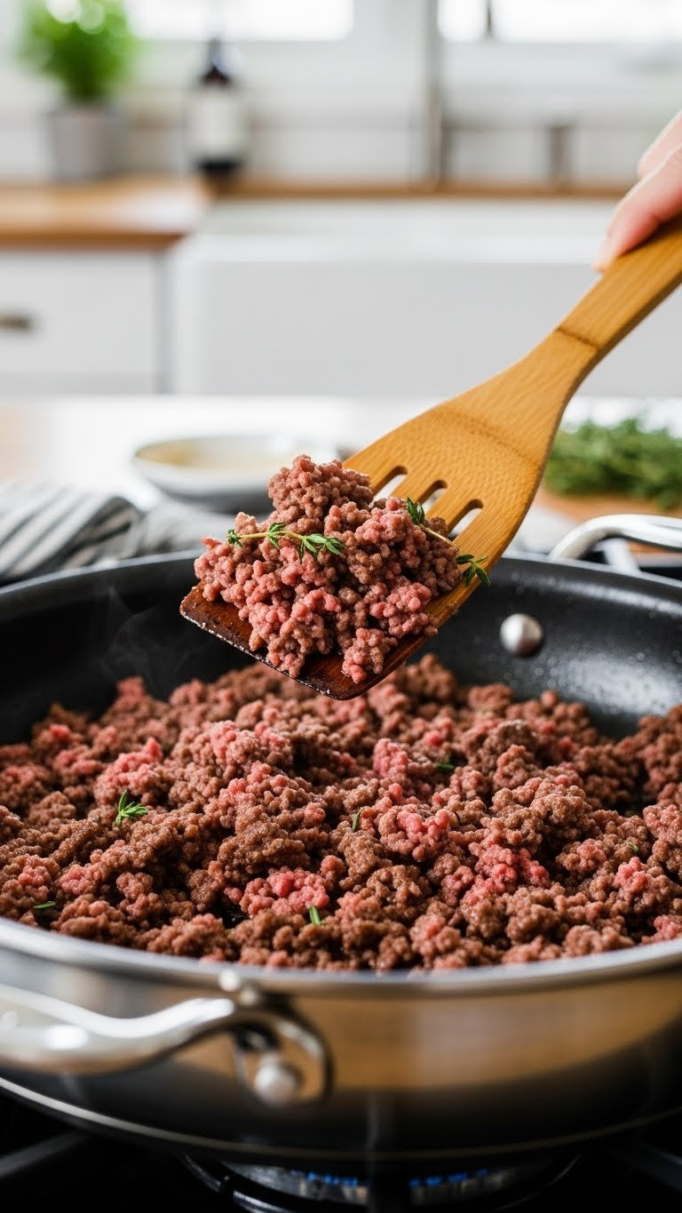Finely Crumbled Ground Beef Browning In Stainless Steel Skillet With Caramelized Maillard Reaction And Savory Juices