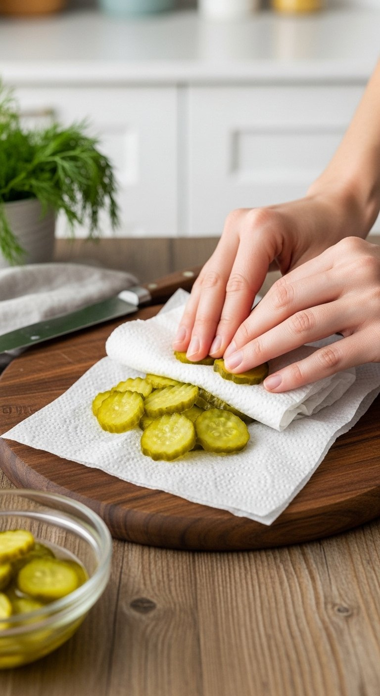 Finely Diced Green Dill Pickles Pressed Between Thick White Paper Towels On A Rustic Dark Wooden Cutting Board.