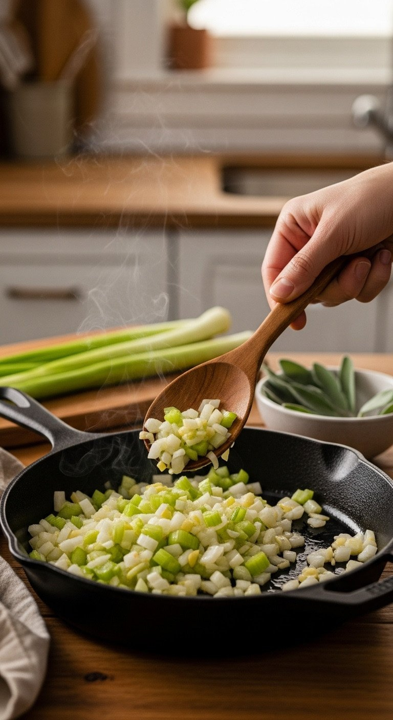 Finely Diced Onion And Celery Sautéing In A Cast-Iron Skillet, Translucent And Glossy, With A Wooden Spoon For A Recipe Mirepoix Base.