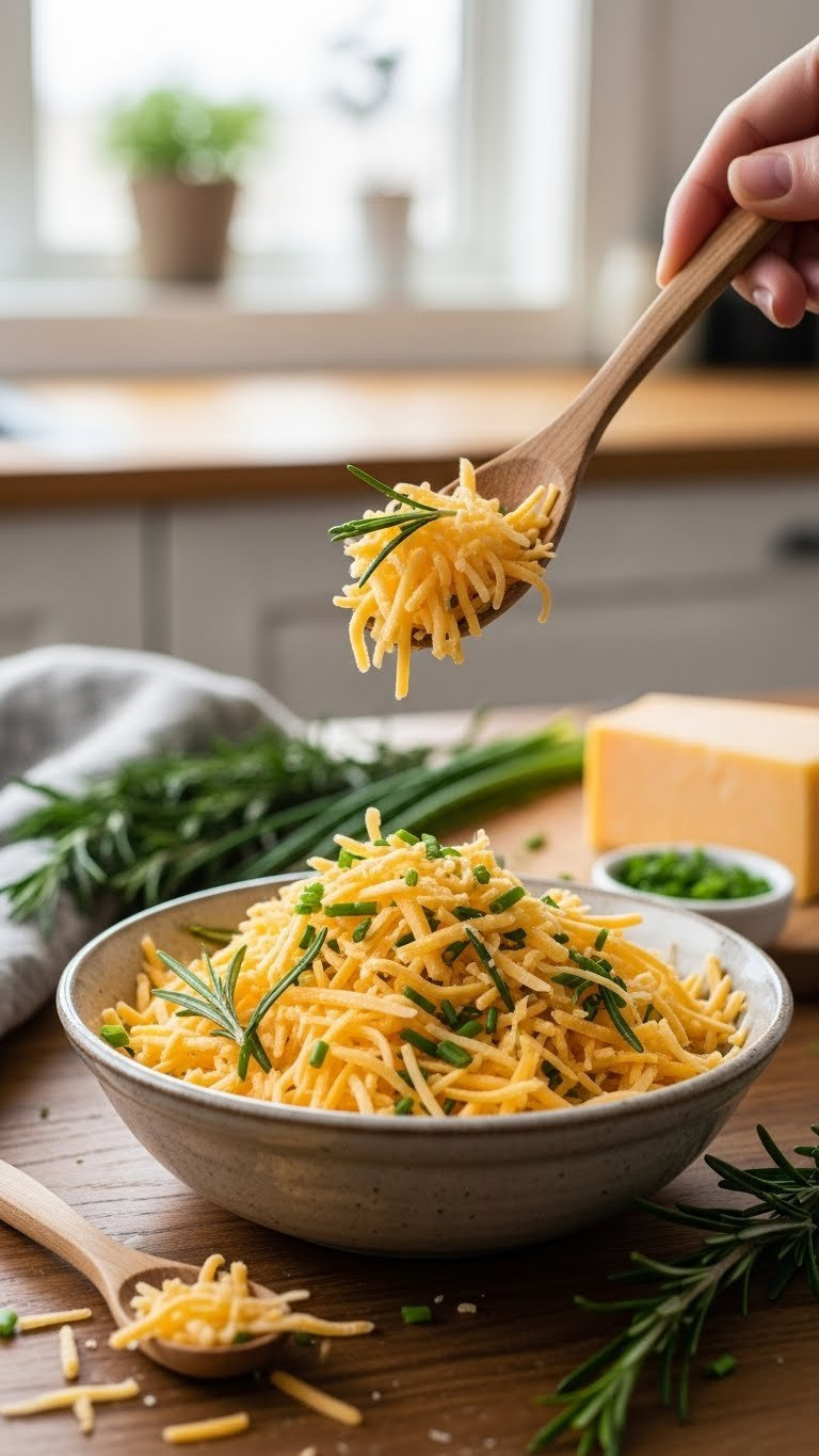 Finely Grated Cheddar Cheese Mixed With Fresh Green Chives And Rosemary Sprigs In Rustic Ceramic Bowl On Wooden Table.
