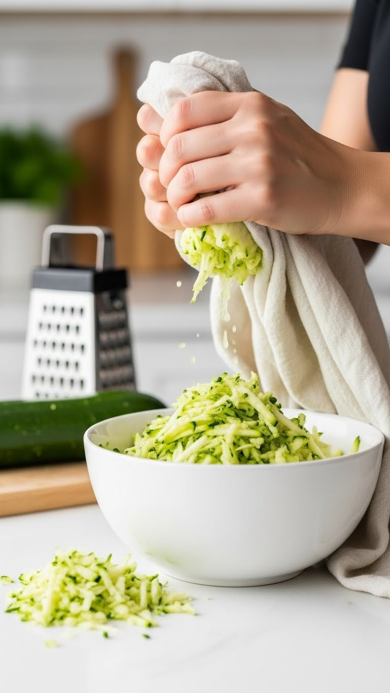 Finely Grated Zucchini In White Bowl With Squeezed Water Pile And Kitchen Towel For Keto Zucchini Bread Preparation