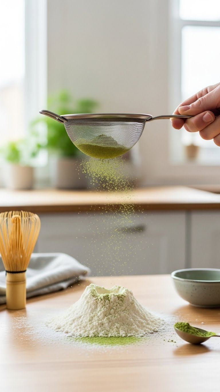 Finely Ground Green Matcha Powder Sifting Through Mesh Sieve Onto White Flour Pile On Light Wooden Kitchen Surface