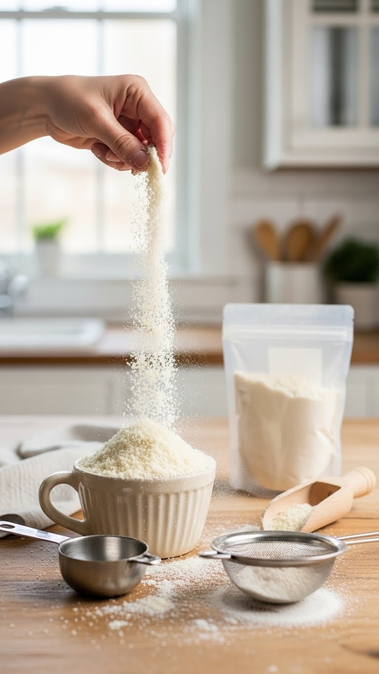Finely Milled Blanched Almond Flour Cascading Onto Rustic Wooden Table With Vintage Measuring Cups And Sieve