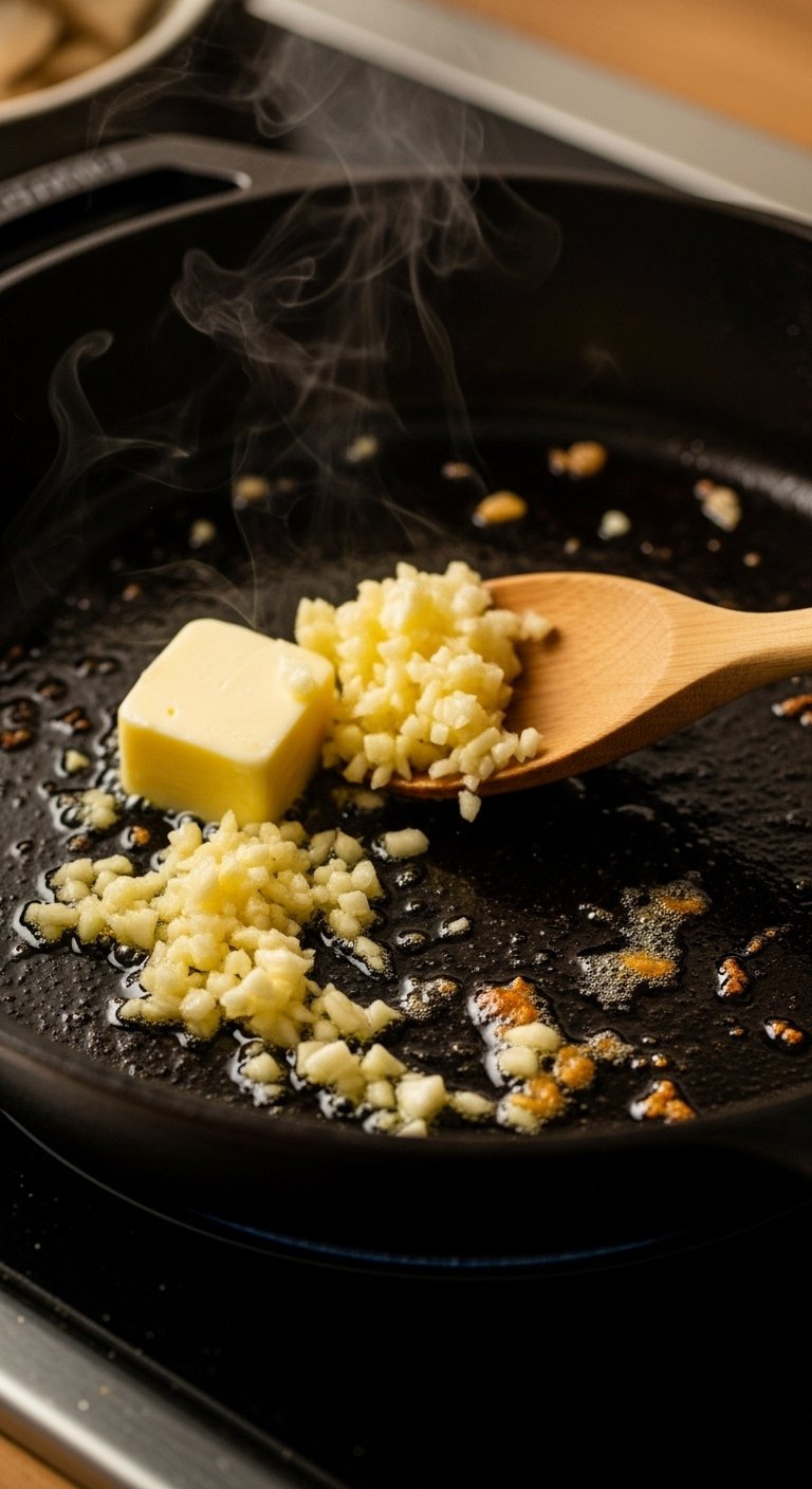 Finely Minced Garlic And Shallots Sautéing In Melted Butter Inside A Dark Cast Iron Skillet With A Wooden Spoon.
