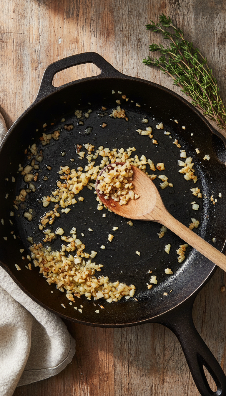 Finely Minced Garlic And Shallots Sizzling In Melted Butter With Fresh Thyme In A Cast Iron Skillet.
