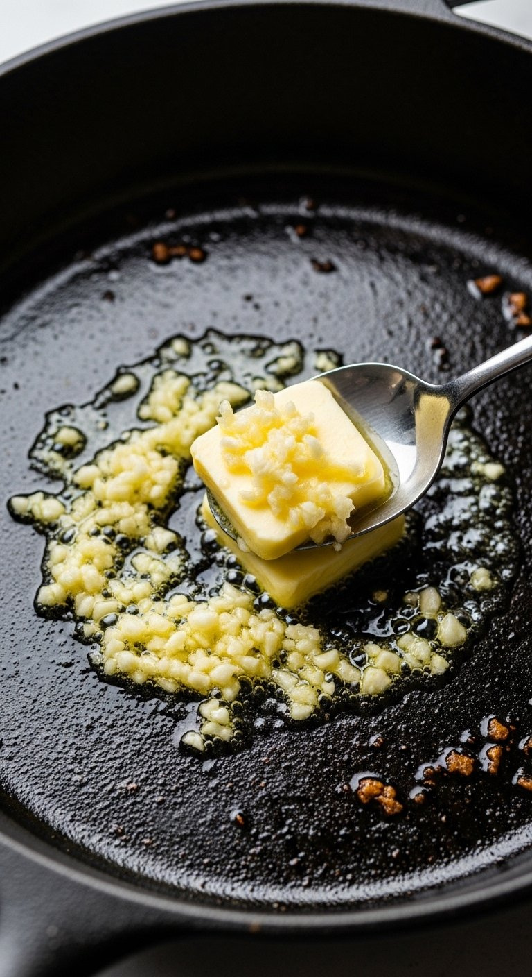Finely Minced Garlic Sautéing In Melted Butter Inside A Dark Cast Iron Skillet.