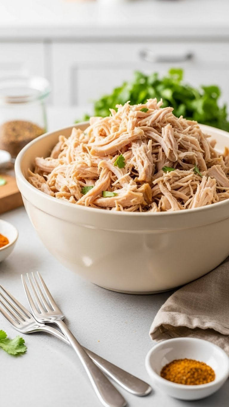 Finely Shredded, Moist Instant Pot Chicken Thighs In A Mixing Bowl With Forks, Perfect For Quick Meal Prep Or Healthy Weeknight Meals.