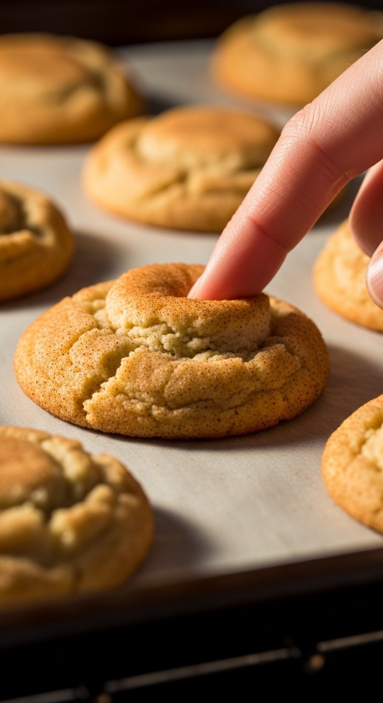 Finger Gently Pressing Into A Soft Puffy Snickerdoodle Cookie To Check Doneness On Baking Sheet.