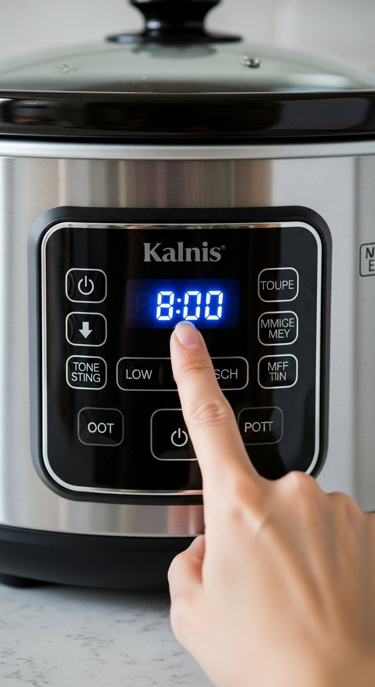 Finger Pressing The Low Setting Button On A Modern Slow Cooker Control Panel Displaying Time.