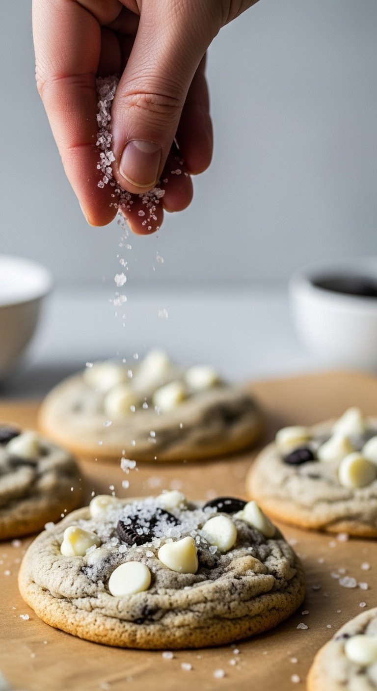 Fingers Sprinkling Pyramid Sea Salt Flakes Over A Warm Baked Cookie On Brown Parchment Paper.
