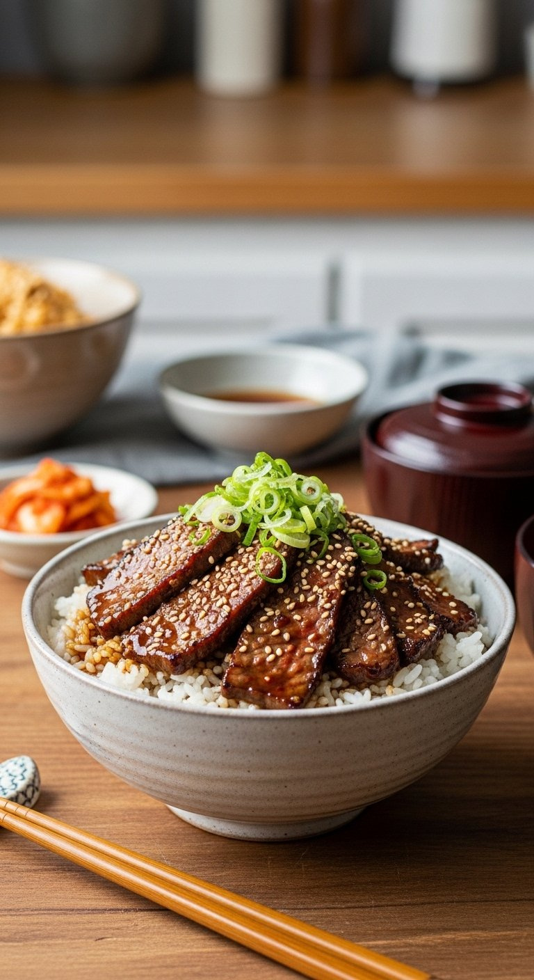 Finished Beef Yakiniku Donburi Bowl Topped With Seared Beef, Sesame Seeds, And Green Onions On A Rustic Wooden Table.