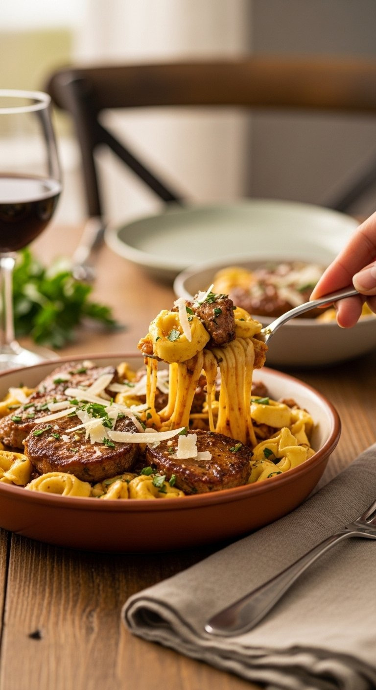 Finished Garlic Steak &Amp; Cheese Tortellini Skillet Served In A Rustic Bowl Garnished With Parmesan And Parsley.