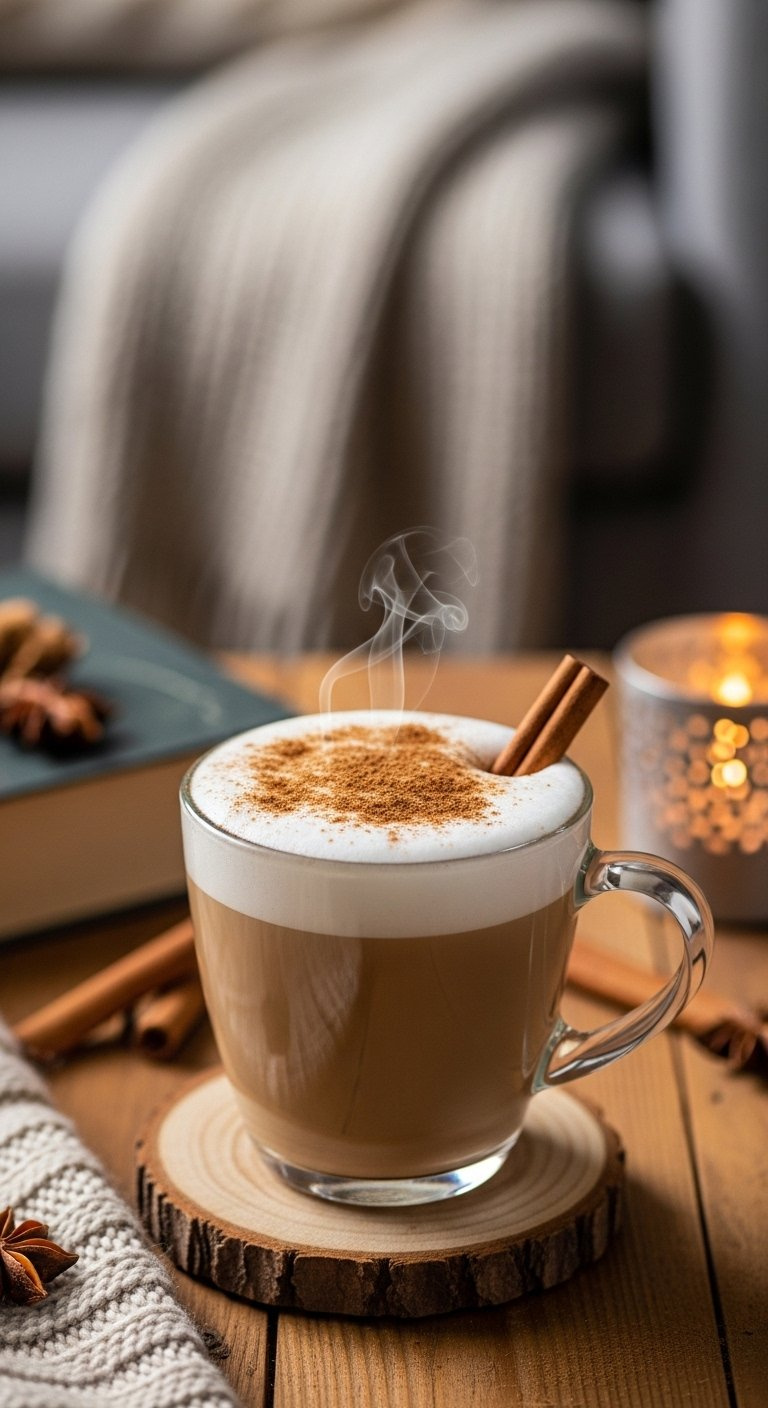 Finished Hot Cinnamon Brown Sugar Latte Garnished With Ground Cinnamon And A Cinnamon Stick On A Coaster.