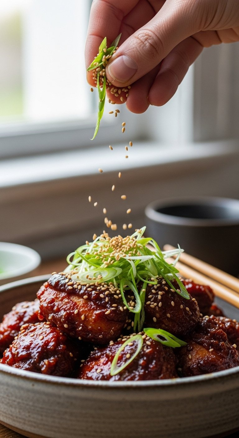 Finished Korean Chicken Garnished With Sesame Seeds And Fresh Scallions In A Rustic Bowl.