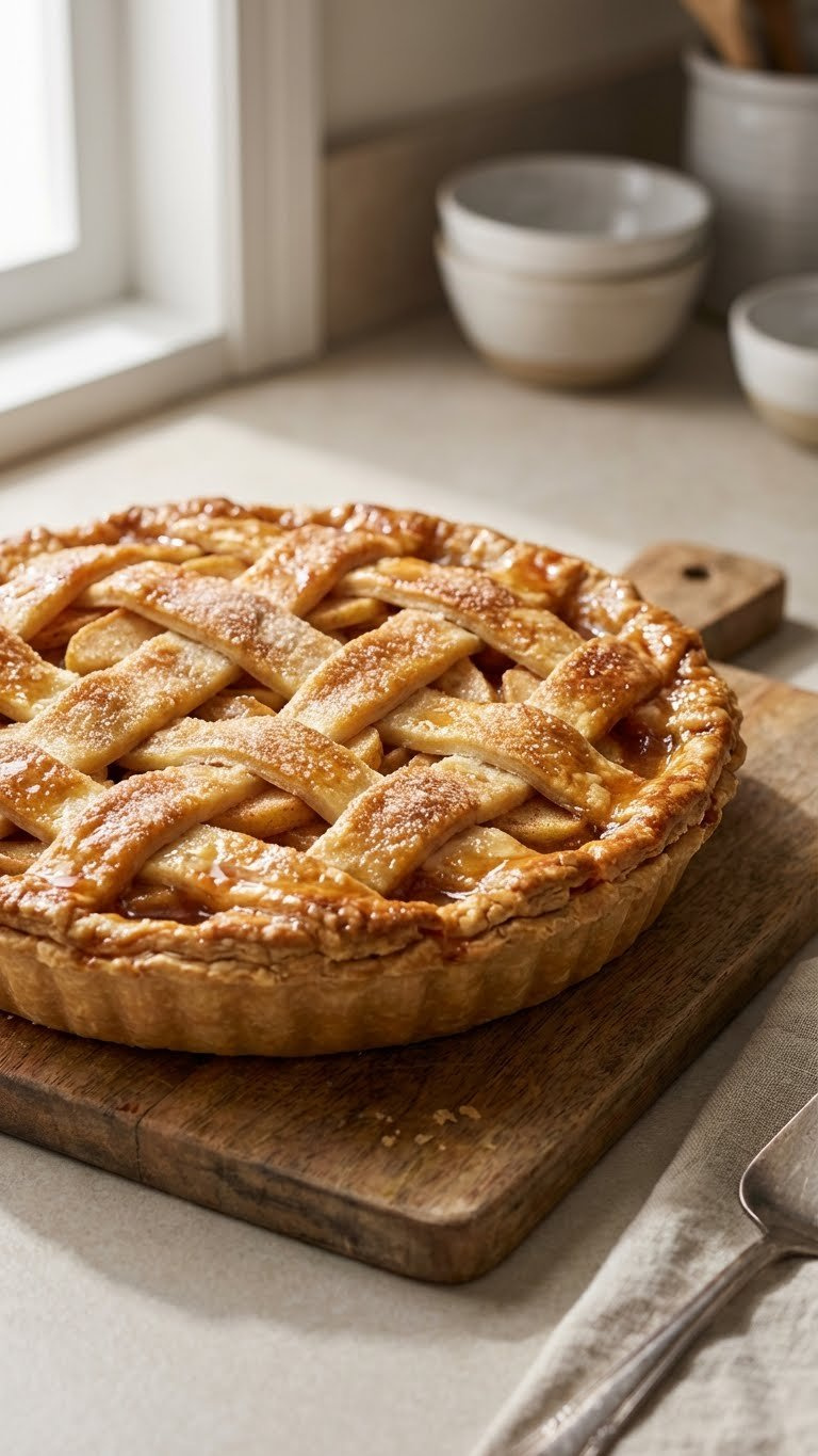 Finished Apple Pie On A Warm Wooden Cutting Board, Showcasing A Flaky Golden Crust, Caramel Glaze, And Sugared Apple Slices.