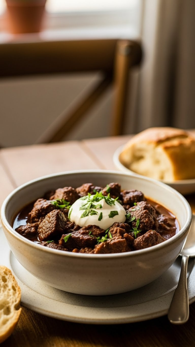 Finished Bowl Of Venison Stew With Sour Cream Parsley Garnish On Rustic Wooden Table With Bread