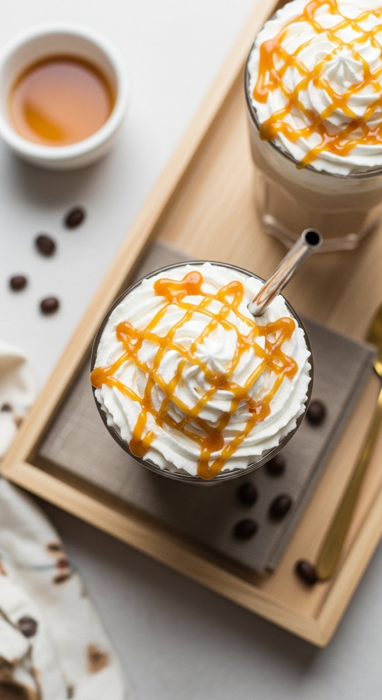 Finished Caramel Iced Coffee Topped With Fluffy Whipped Cream Golden Drizzle And Reusable Straw On Wooden Tray.